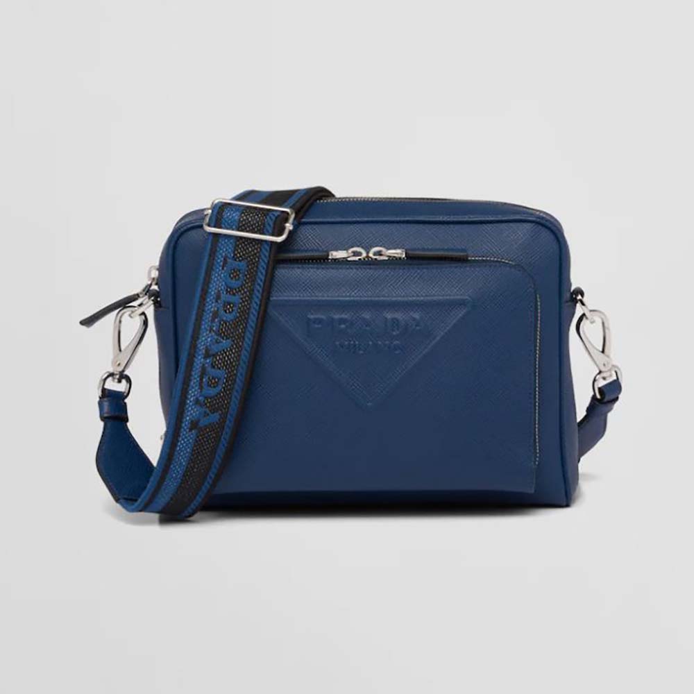 Front view of Prada Men Saffiano Leather Shoulder Bag With Iconic Prada Material-Navy