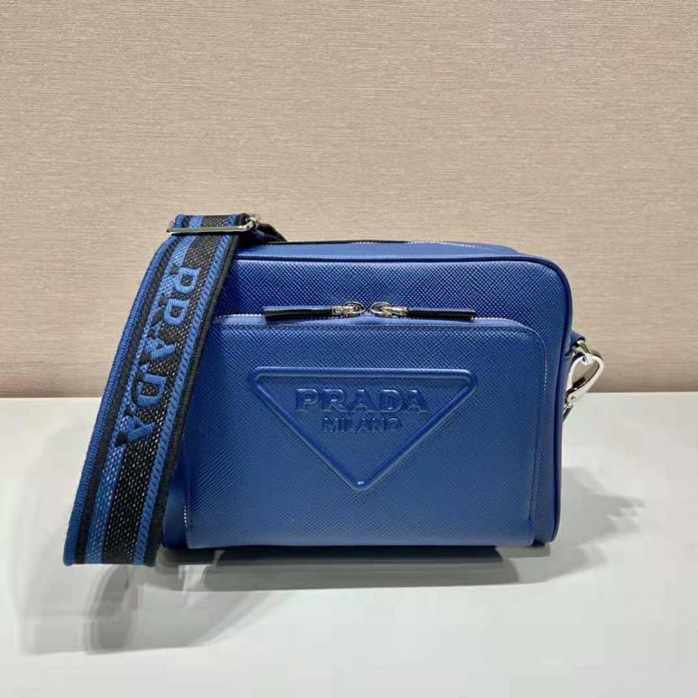 Close-up detail of silver hardware on Prada Men Saffiano Leather Shoulder Bag With Iconic Prada Material-Navy