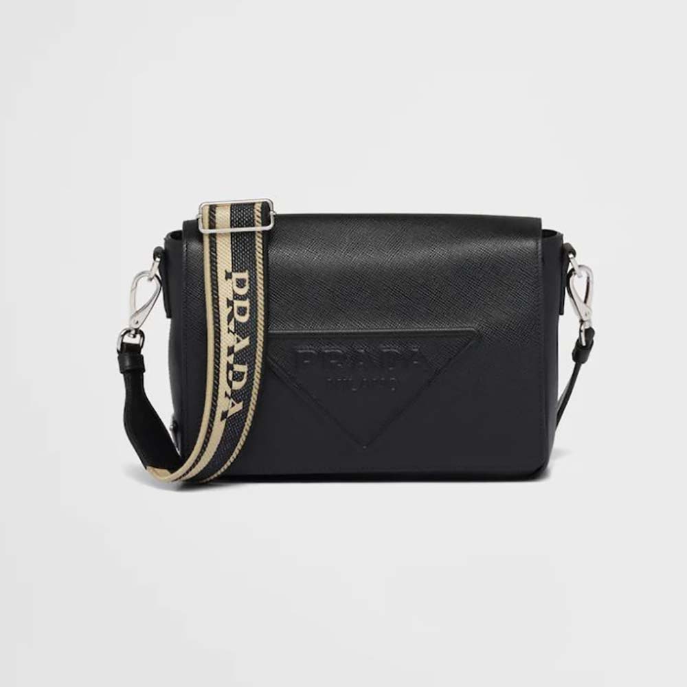 Front view of Prada Men Saffiano Leather Shoulder Bag with Sleek-Black
