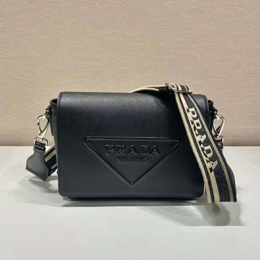 Close-up of textured Saffiano leather on Prada Men shoulder bag