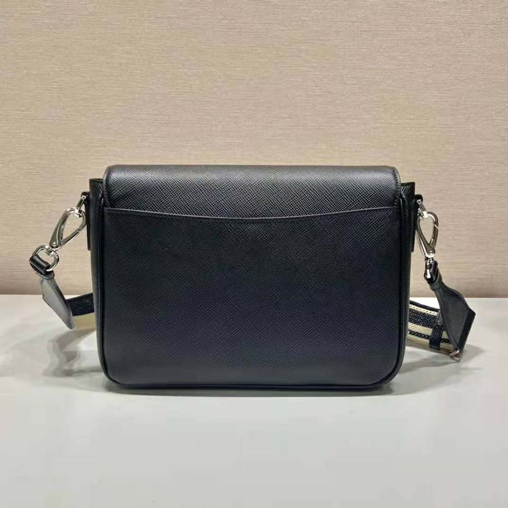 Side angle showing matte silver hardware on Prada Men shoulder bag