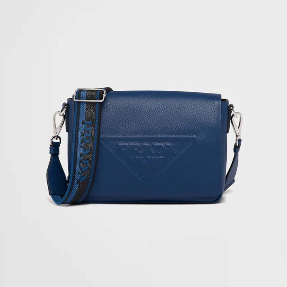 Front view of Prada Men Saffiano Leather Shoulder Bag with Sleek-Navy