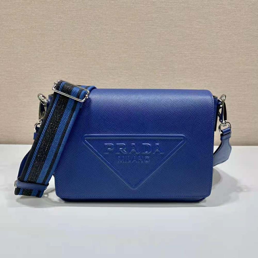 Close-up of silver hardware on Prada Men Saffiano Leather Shoulder Bag with Sleek-Navy