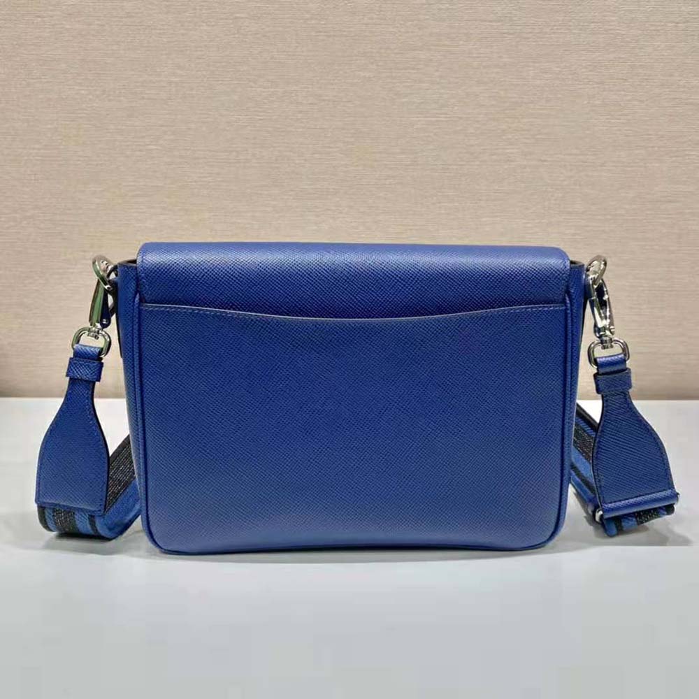 Side angle showing slim profile of Prada Men Saffiano Leather Shoulder Bag with Sleek-Navy