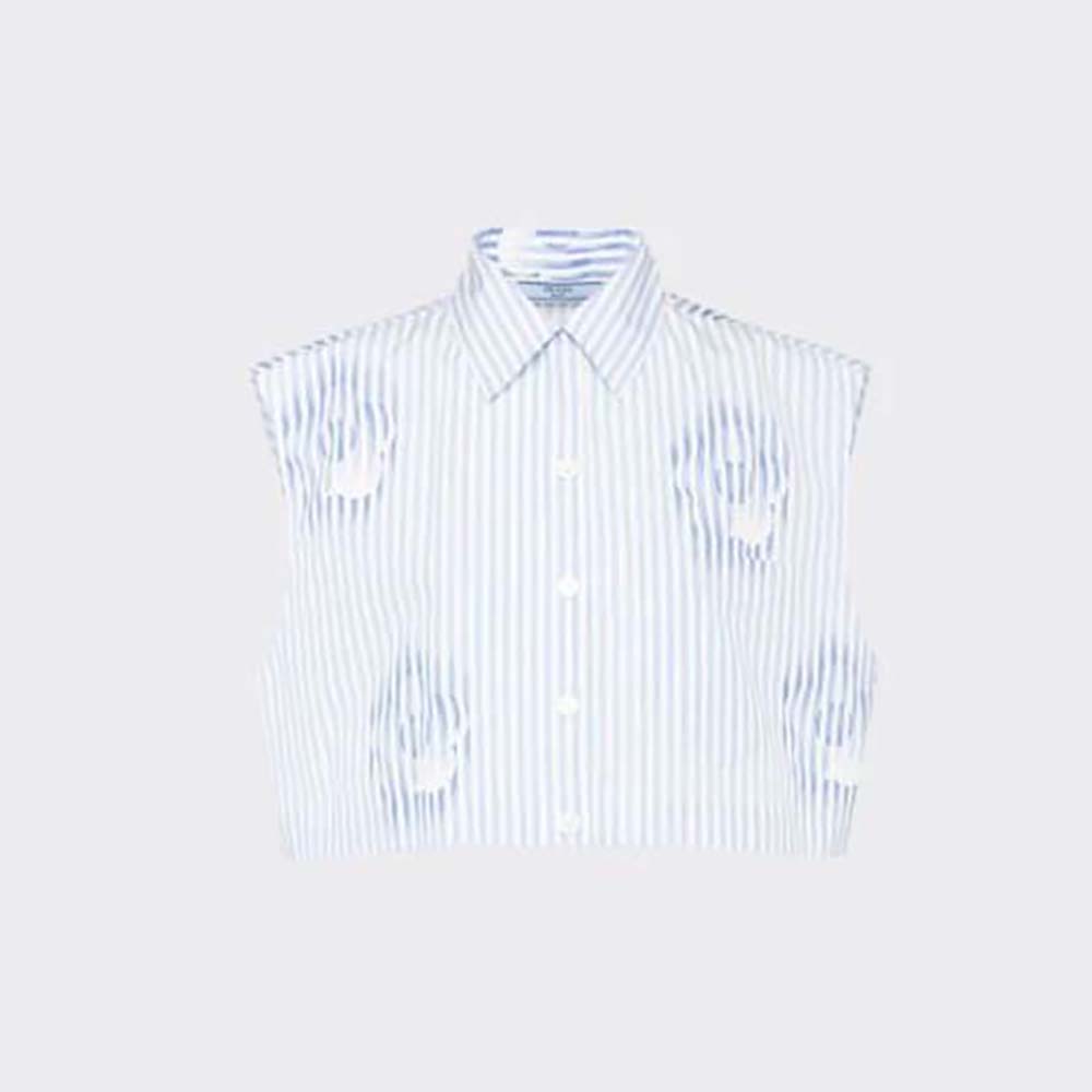 Front view of Prada Women Sleeveless Printed Poplin Shirt-Blue