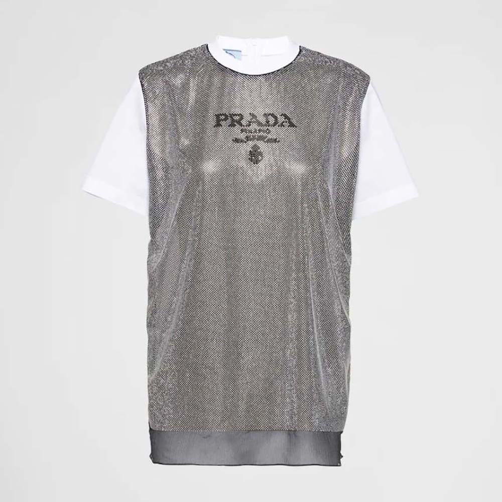 Front view of Prada Women Studded Chiffon and Jersey T-shirt-White