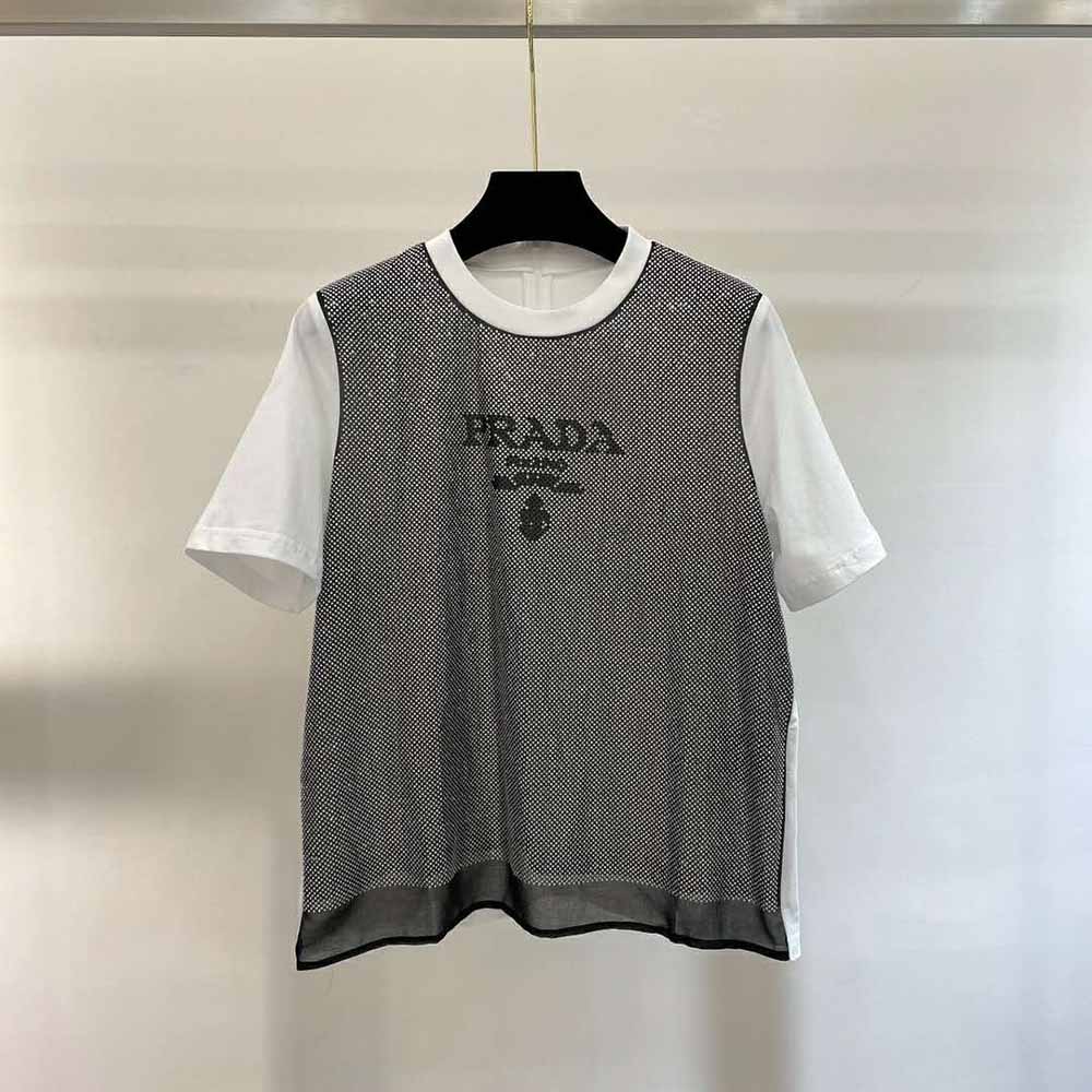 Close-up of studded detailing on Prada Women Studded Chiffon and Jersey T-shirt-White