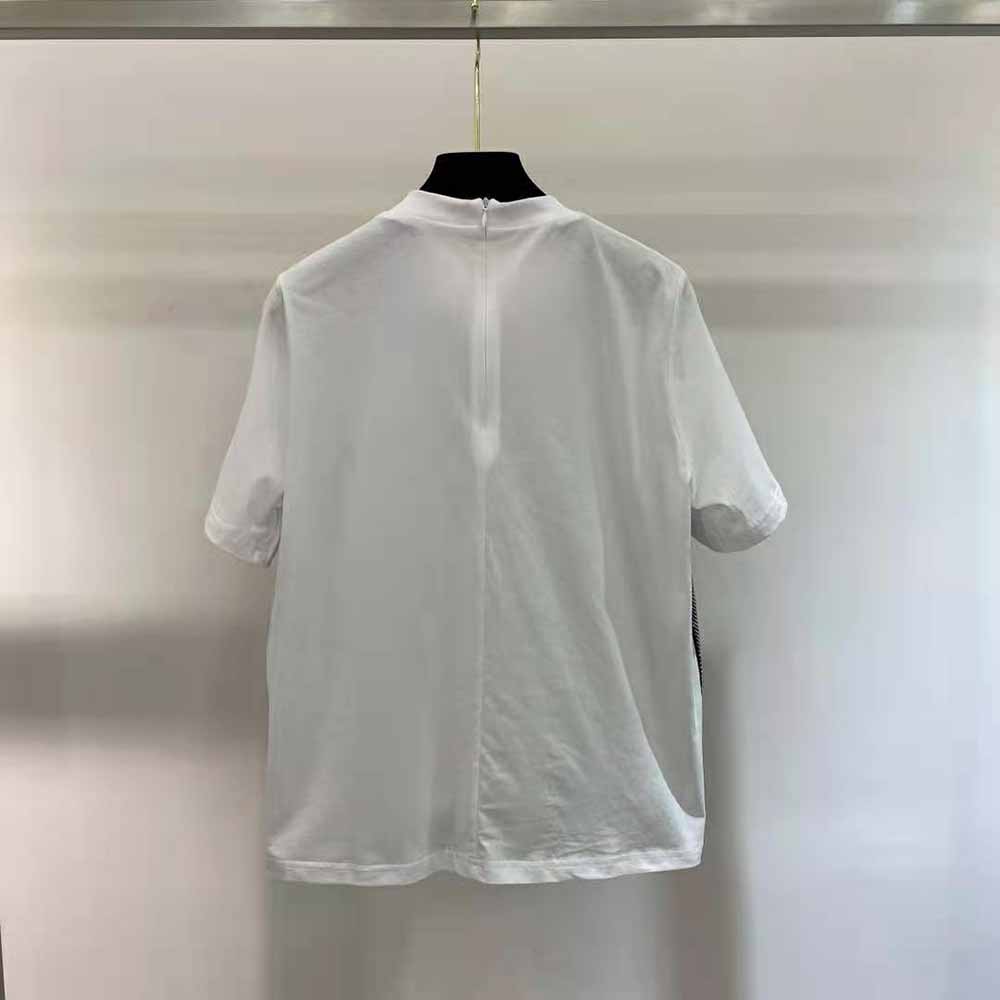 Side profile showing fabric contrast on Prada Women Studded Chiffon and Jersey T-shirt-White