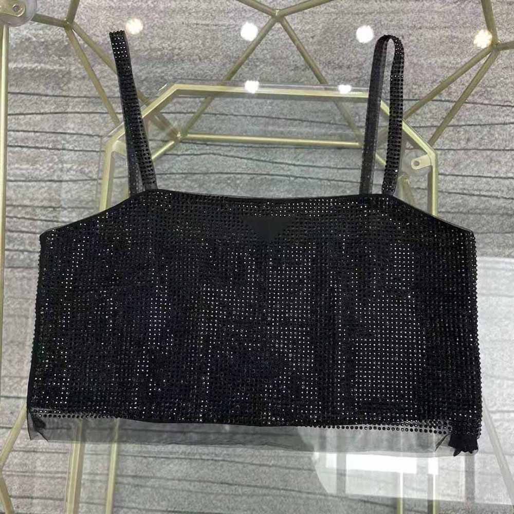 Close-up of crystal detailing on Prada Women Tulle Crop Top with Crystals-Black