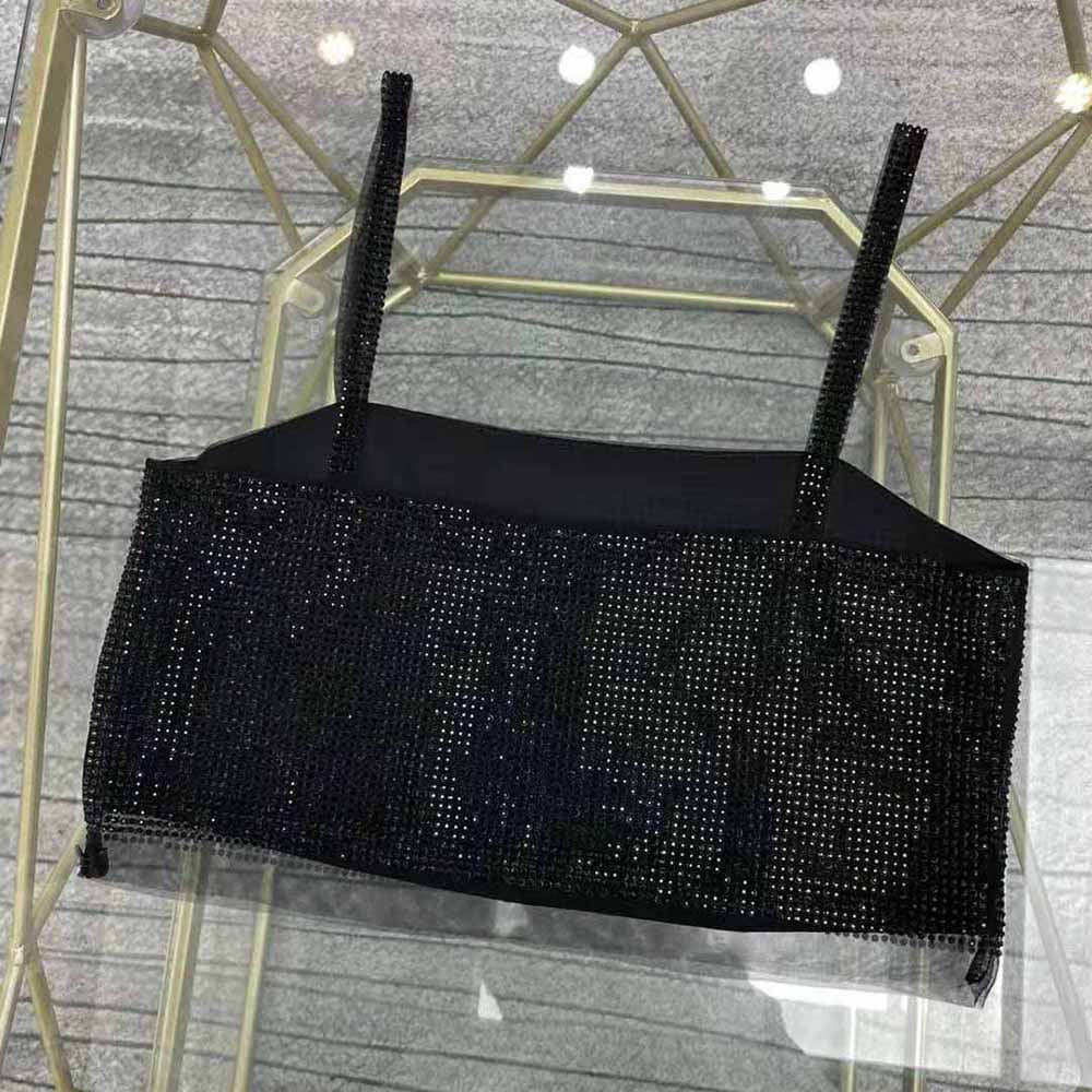 Back view showing zipper closure of Prada Women Tulle Crop Top with Crystals-Black