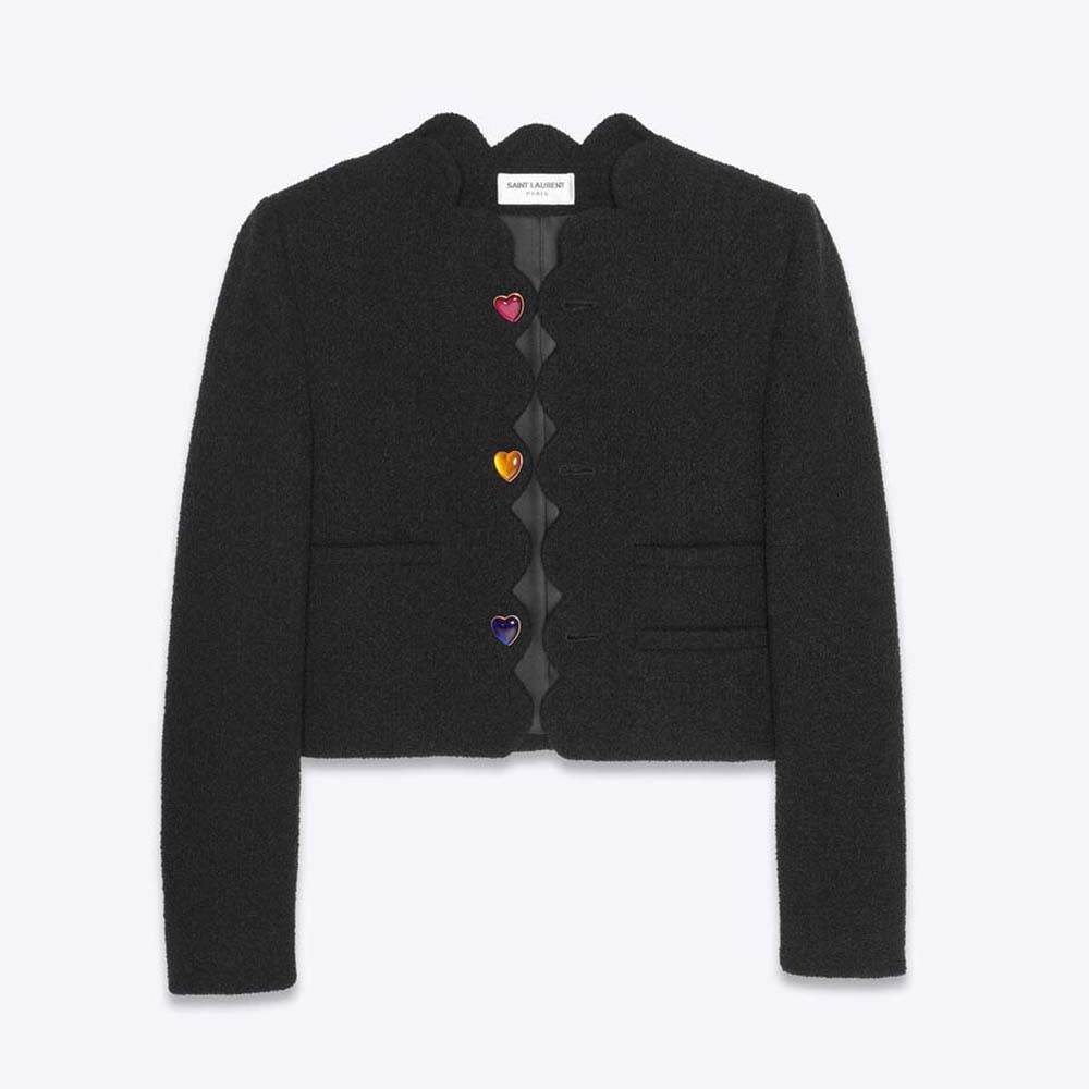 Front view of Saint Laurent YSL Women Cropped Jacket in Boucle Tweed