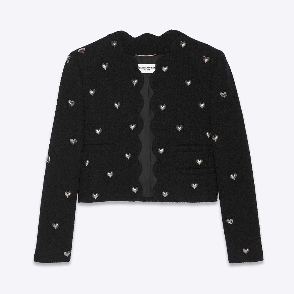 Front view of Saint Laurent YSL Women Cropped Jacket in Boucle Tweed