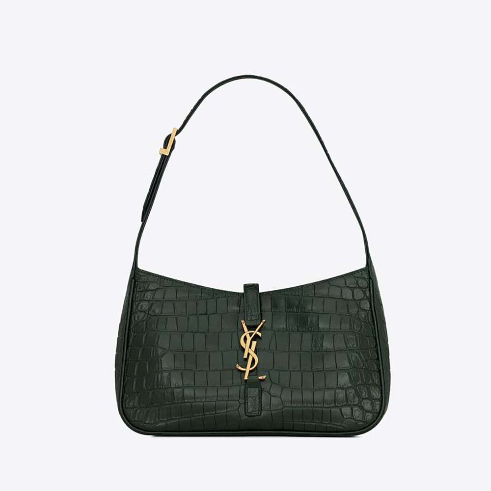 Front view of Saint Laurent YSL Women Le 5 A 7 Hobo Bag in green crocodile leather