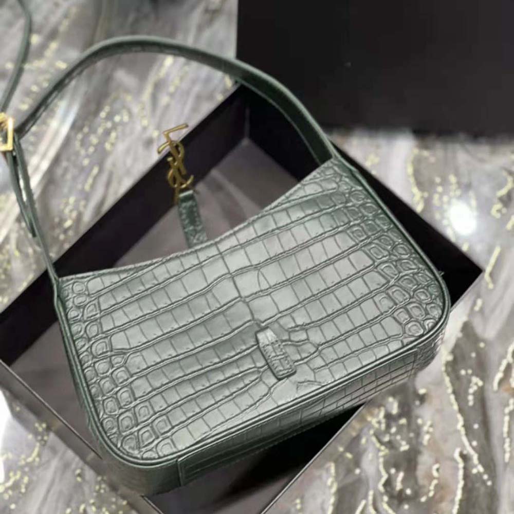 Saint Laurent YSL Women Le 5 A 7 Hobo Bag in Crocodile-Embossed Leather-Green - image 5
