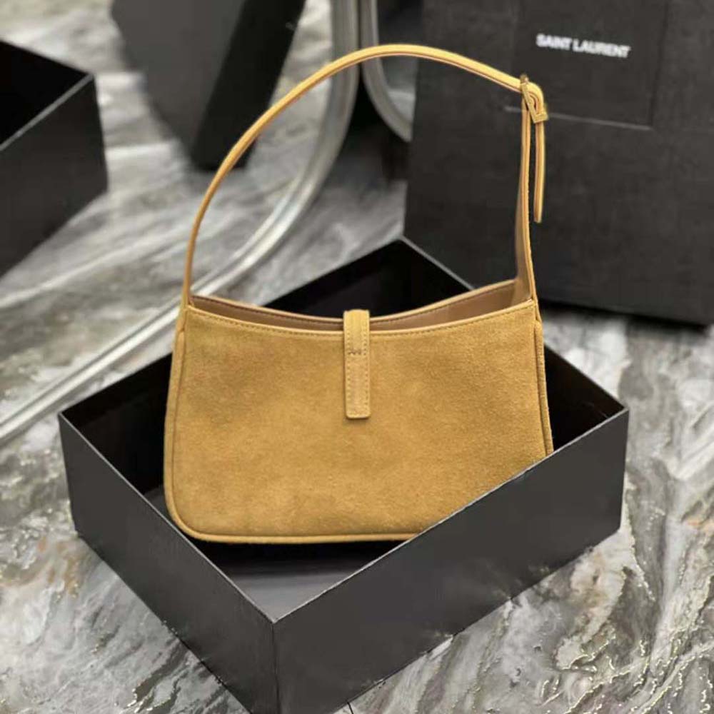Side angle showing suede texture and silhouette of Saint Laurent YSL Le 5 A 7 Hobo Bag