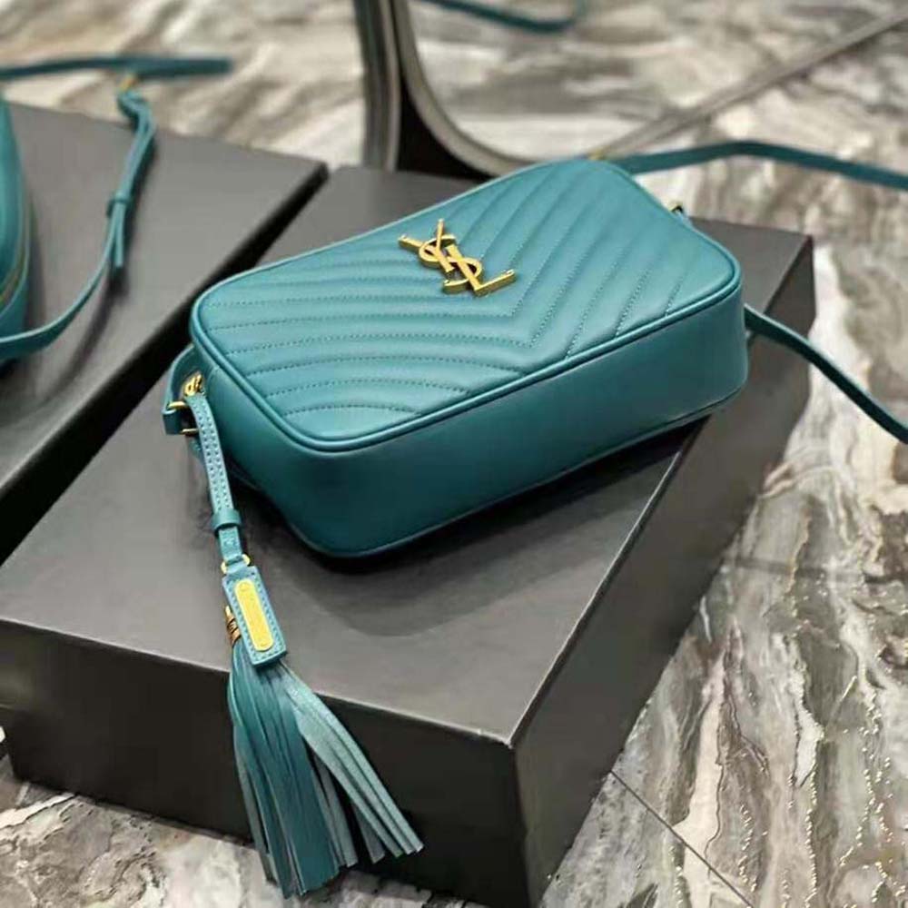 Side angle showing quilted leather texture of Saint Laurent Lou Camera Bag