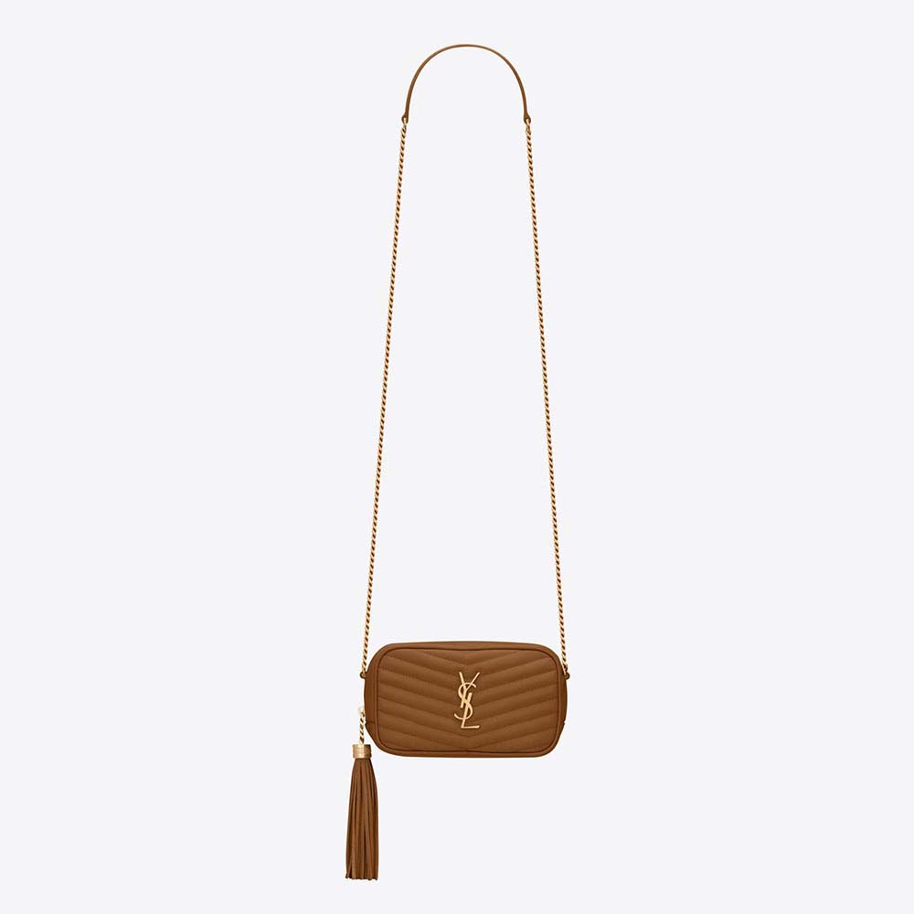 Front view of Saint Laurent YSL Women Lou Mini Bag in brown embossed leather