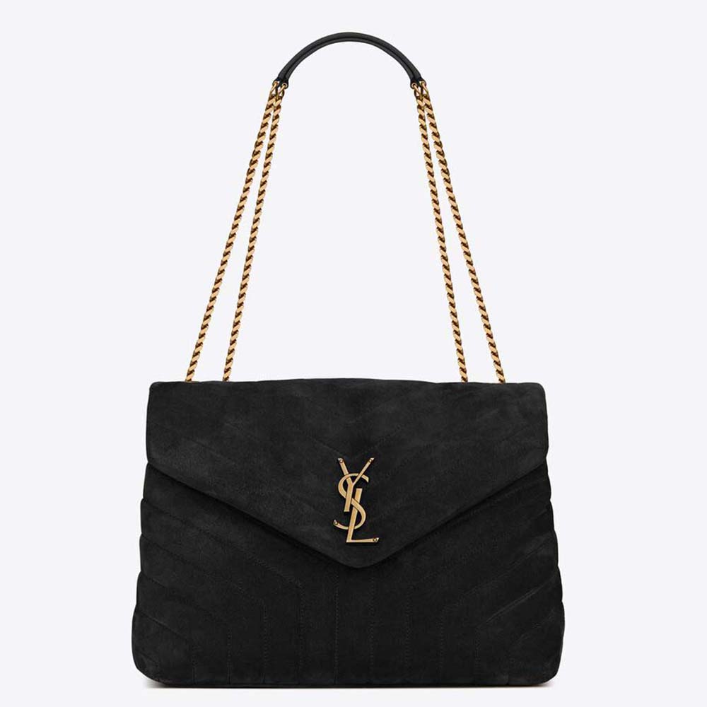 Front view of Saint Laurent YSL Women Loulou Medium in Matelassé Y Suede-Black