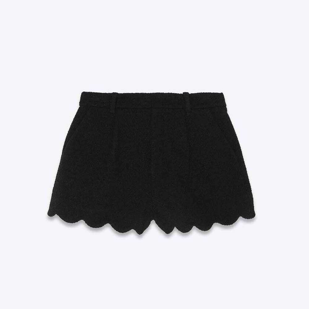 Front view of Saint Laurent YSL Women Mini Shorts in Boucle Tweed black