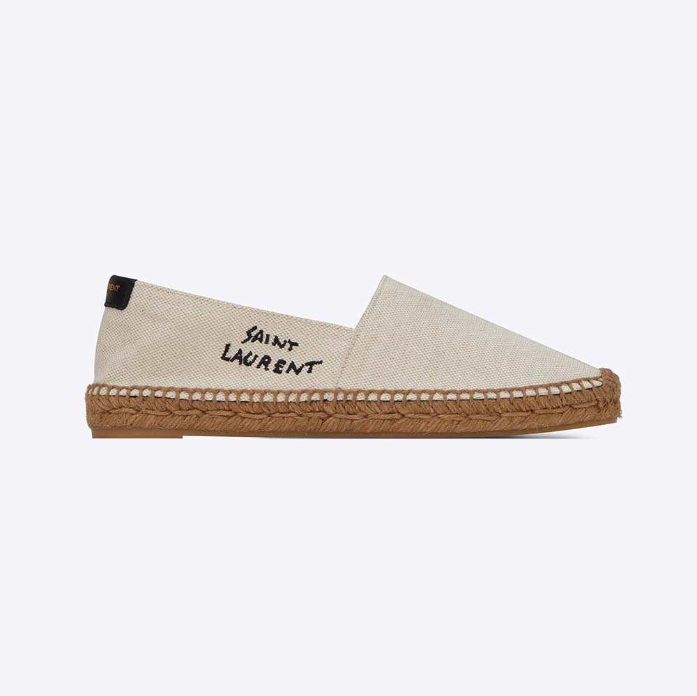 Side view of Saint Laurent YSL Women Saint Laurent Embroidered Espadrilles in Beige Canvas