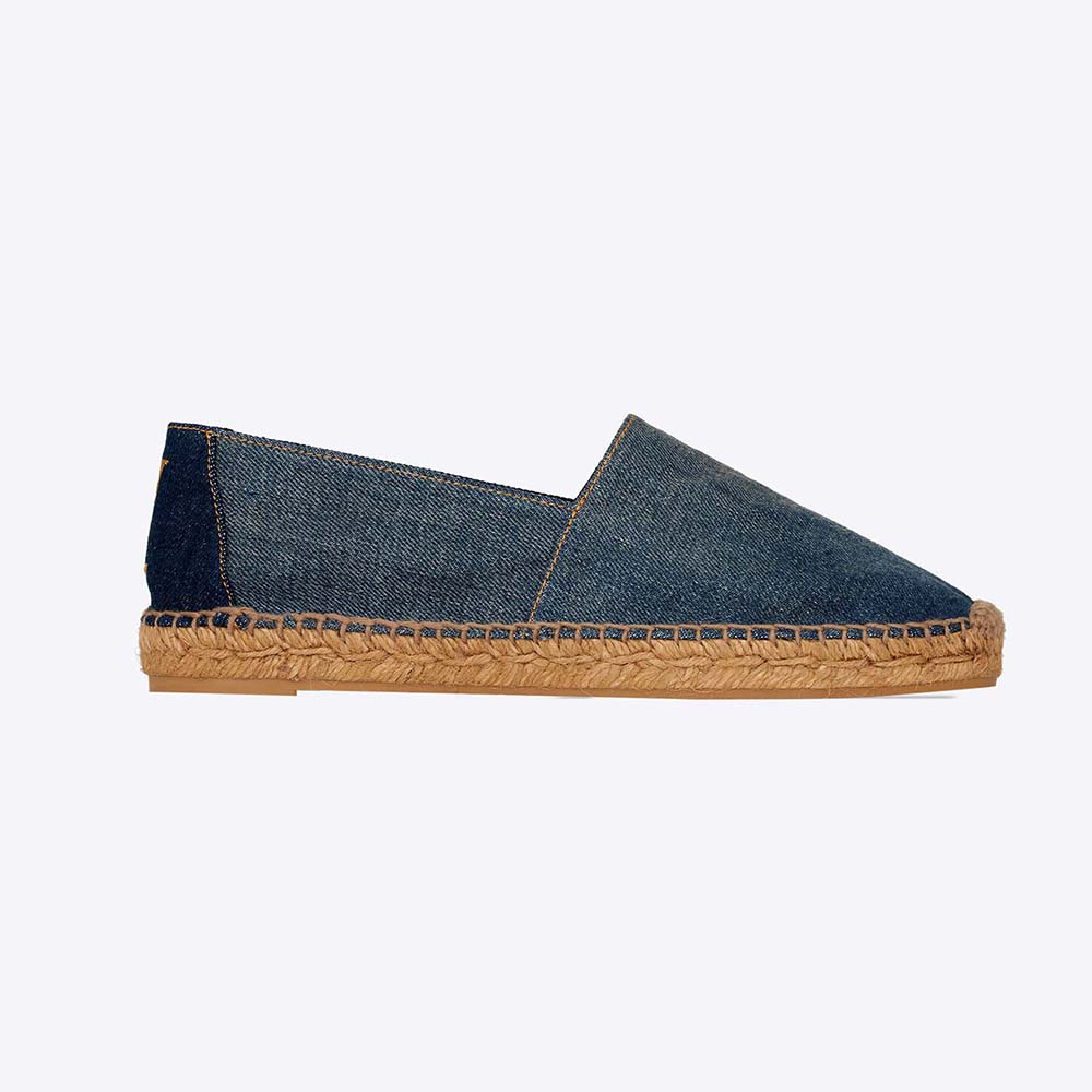 Side view of Saint Laurent YSL Women Ysl Embroidered Espadrilles in Denim-Navy