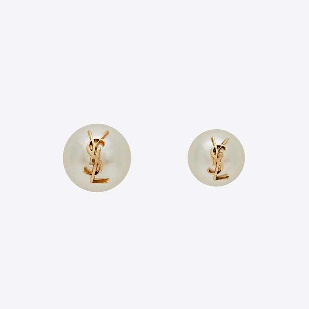 Front view of Saint Laurent YSL Women Ysl Pearl Earrings in Metal