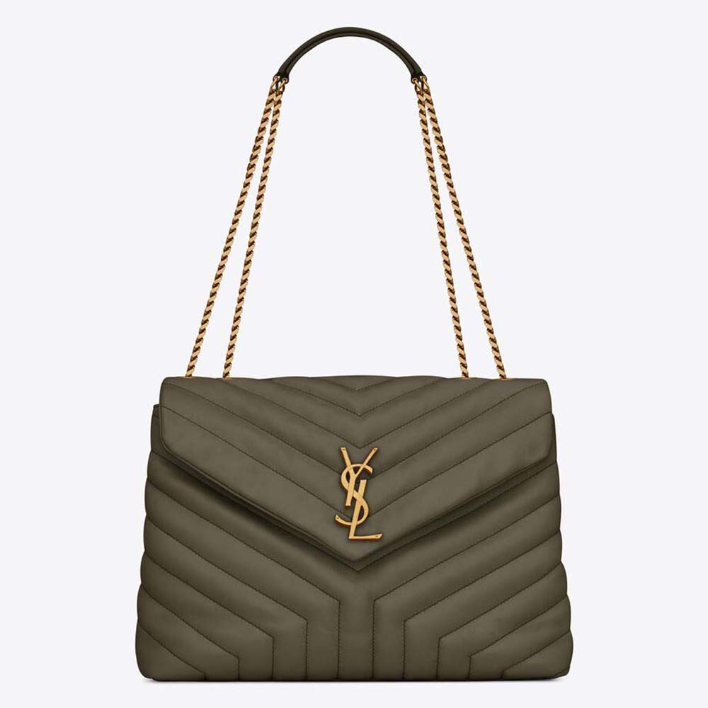 Front view of Saint Laurent YSL Women Loulou Medium Bag in green leather