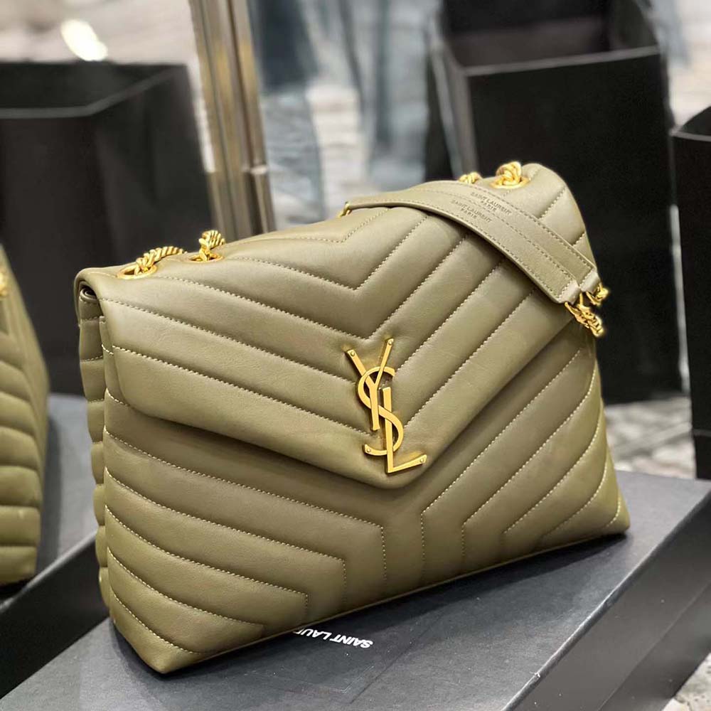 Side angle showing quilted Matelassé Y leather texture of Saint Laurent bag