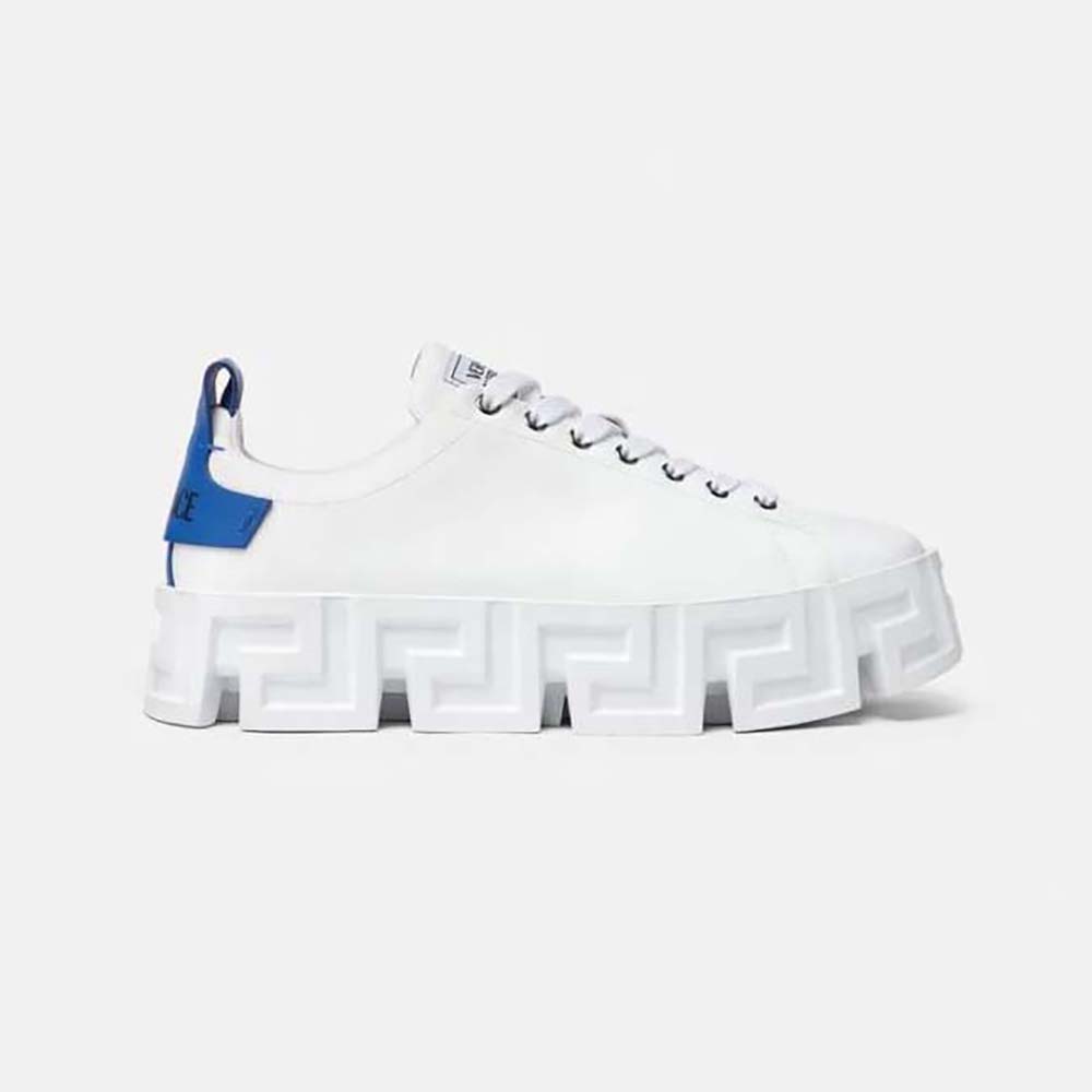 Side profile of Versace Unisex Greca Labyrinth Sneakers-Blue showing lace-up design