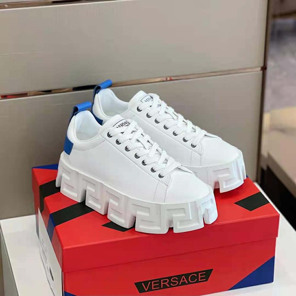 Top view highlighting laces and luxurious leather of Versace Unisex Greca Labyrinth Sneakers-Blue