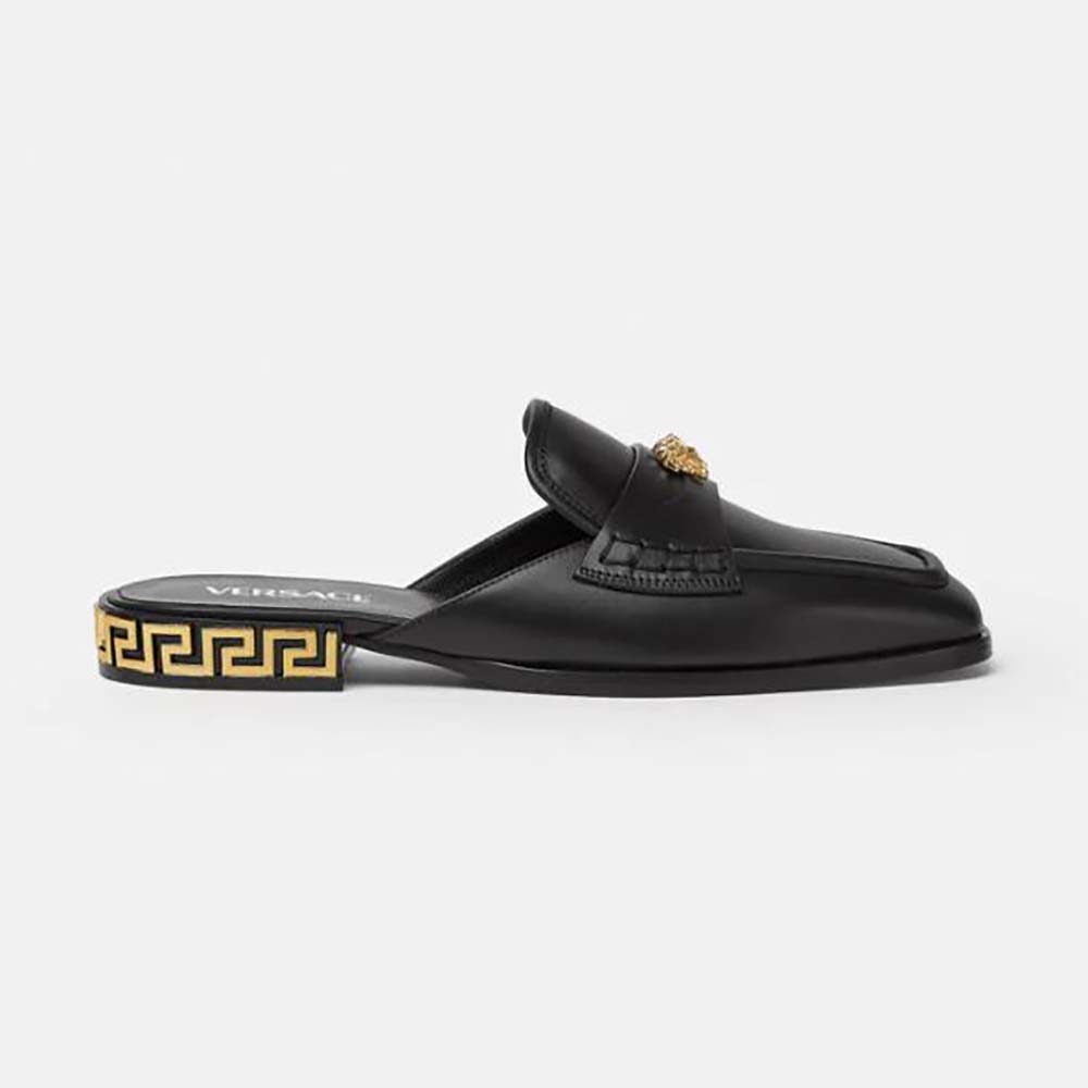 Side view of Versace Women La Medusa Loafers in Calf Leather-Black