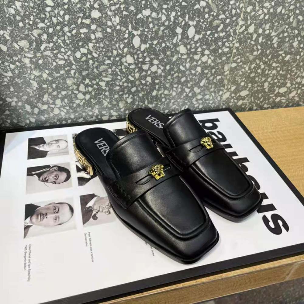 Top angle showing black calf leather texture on Versace Women Loafers