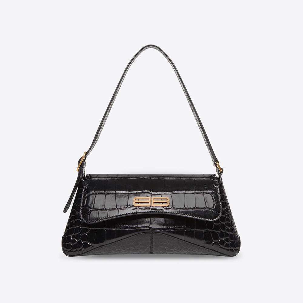 Front view of Balenciaga Women XX Small Flap Bag Crocodile Embossed in Black