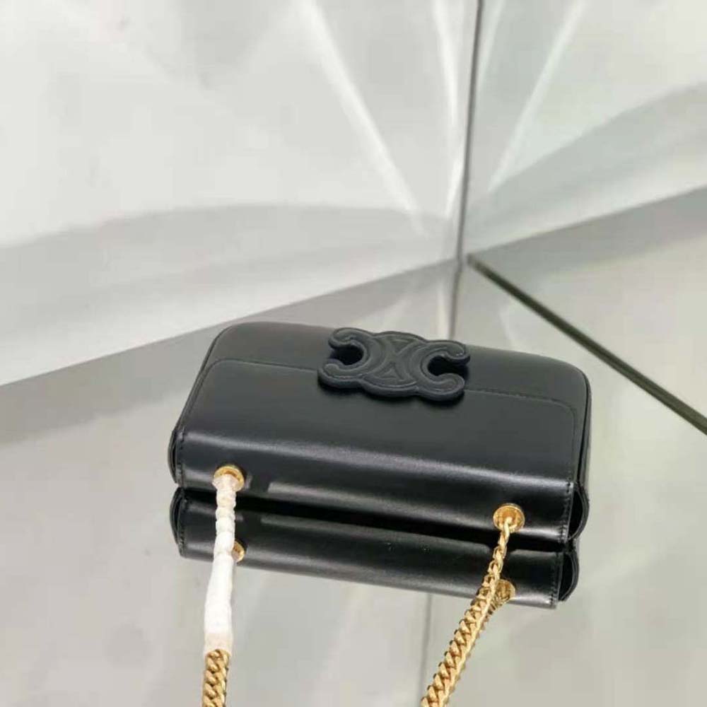 Side angle showing shiny calfskin texture on Celine shoulder bag