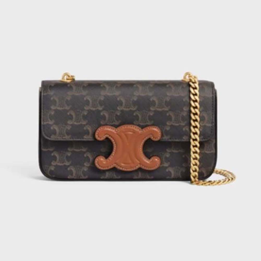Front angle of Celine Women Chain Shoulder Bag Cuir Triomphe in brown