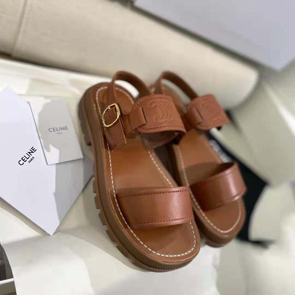 Top angle showing open toe and leather texture on Celine Women Clea Triomphe Sandal