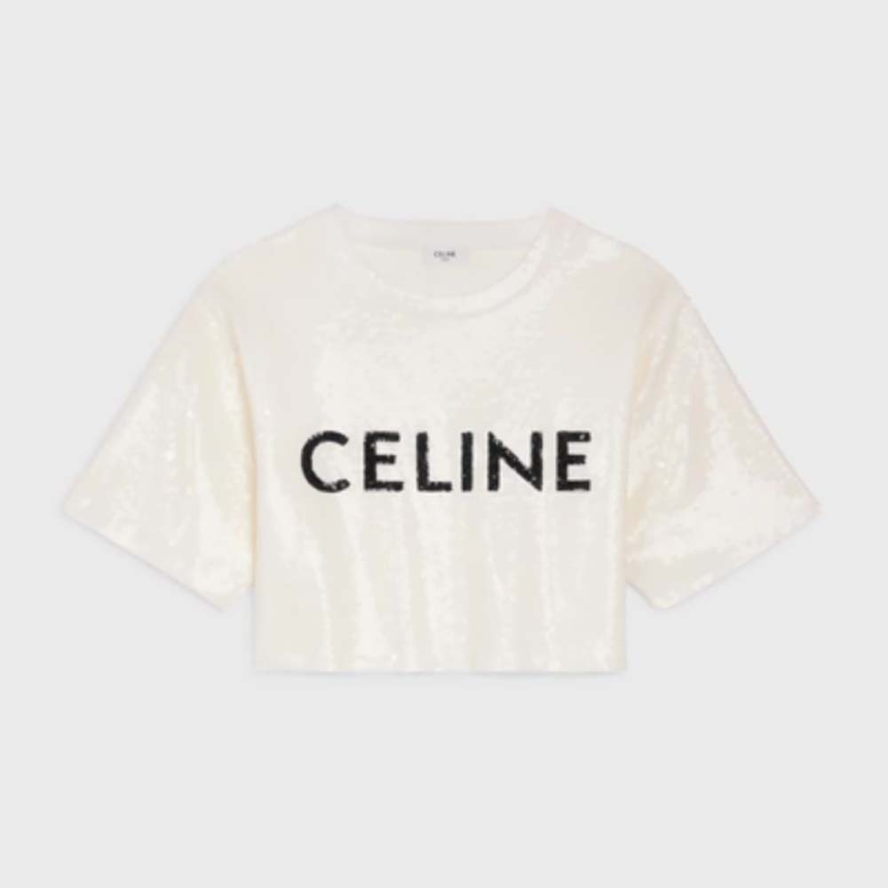 Front view of Celine Women Embroidered Celine T-shirt in Cotton Jersey-White