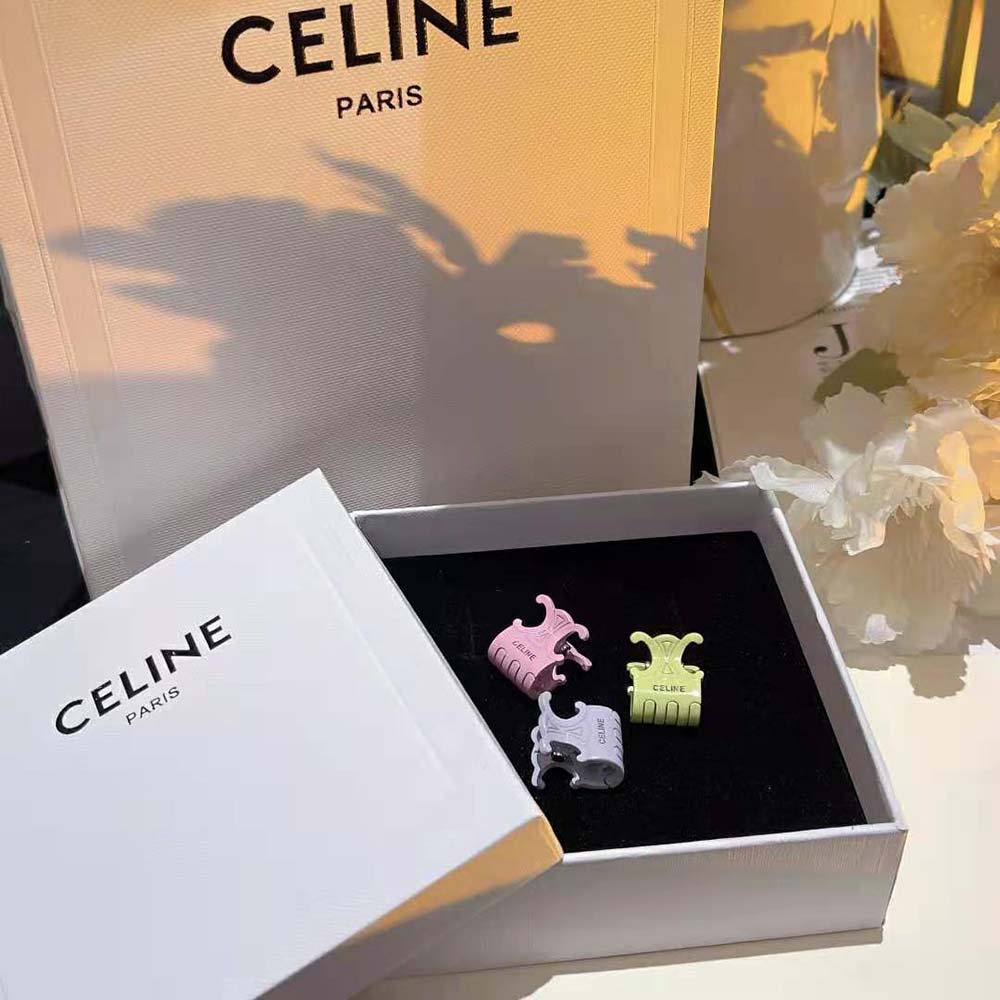 Side view of Celine Women Hair Accessories Set of 3 Color Hair Claws in pink brass and steel