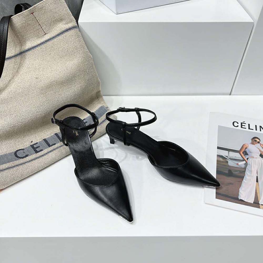 Close-up on metallic toe cap detail of Celine Women Kitten Metal Toe Pump