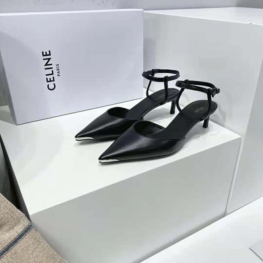 Angle showing kitten heel and black calfskin on Celine Women Kitten Metal Toe Pump