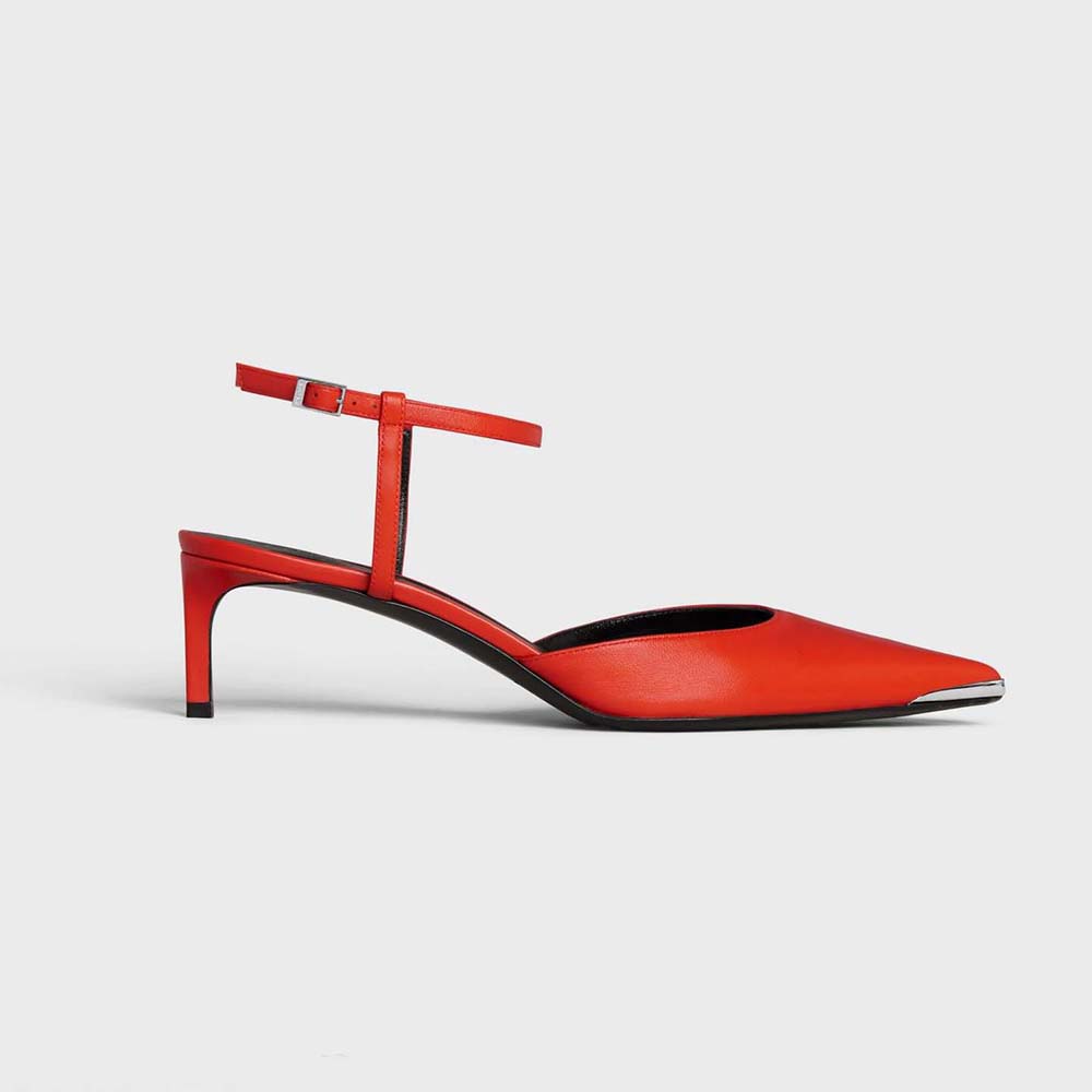 Side view of Celine Women Kitten Metal Toe Pump in Kidskin-Red
