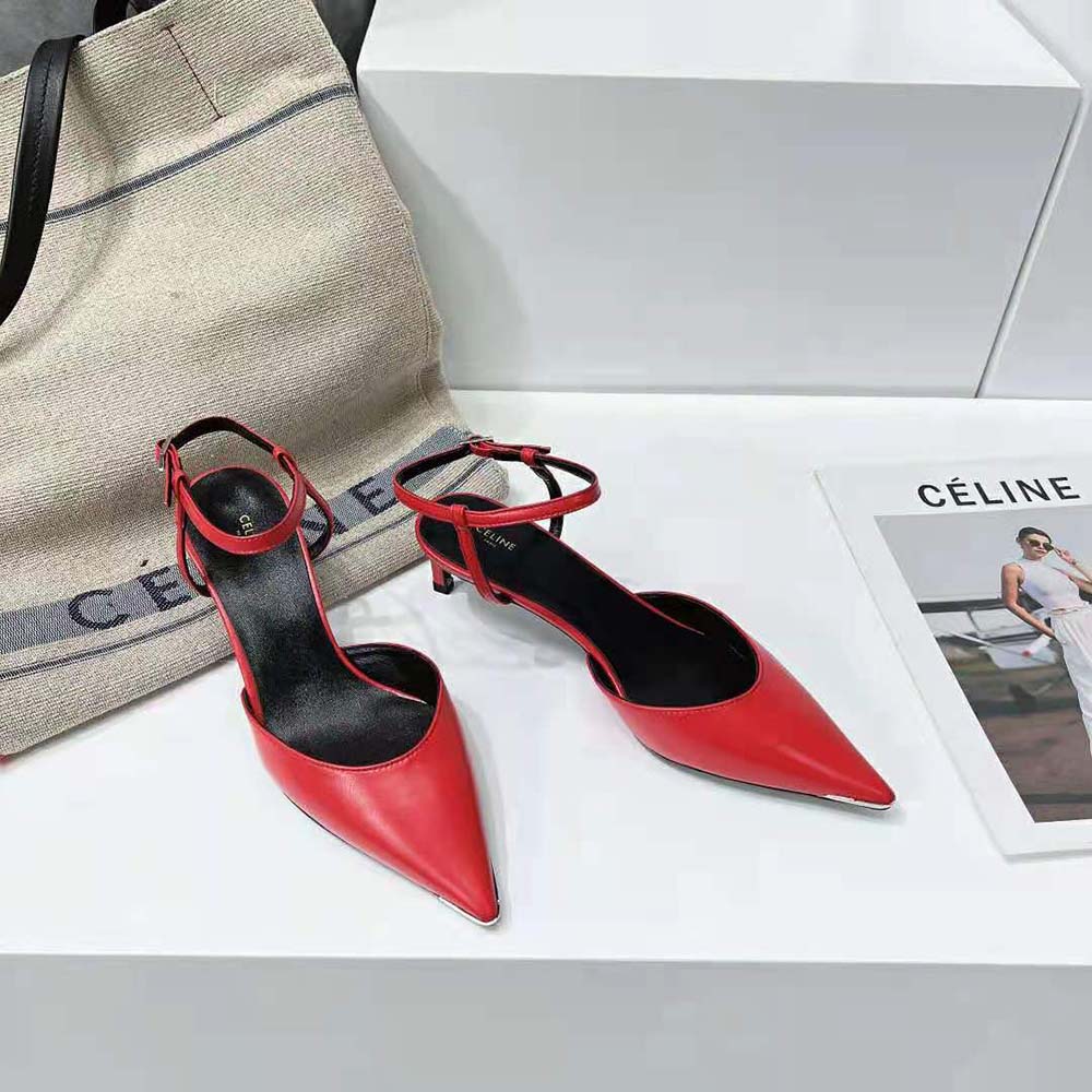 Close-up of metallic toe cap detail on Celine kitten pump