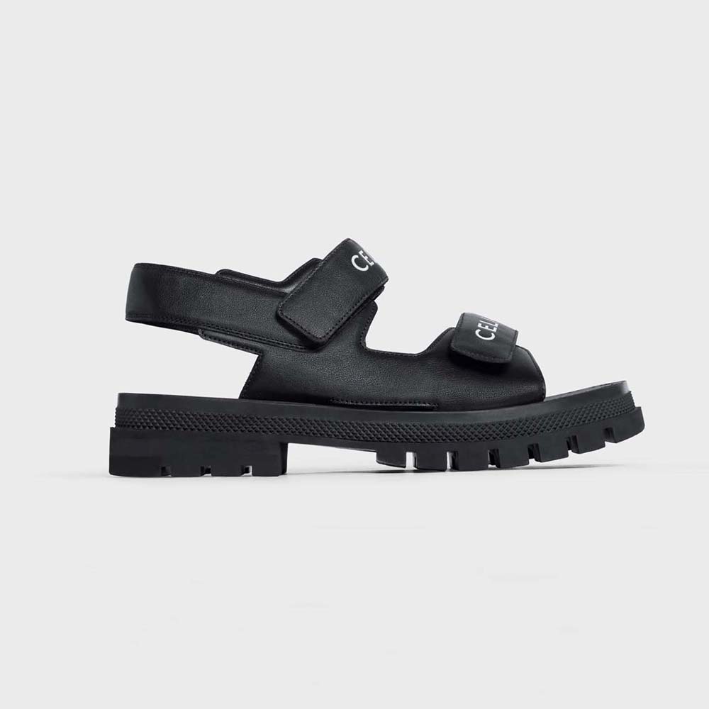 Side view of Celine Women Leo Scratch Sandal in Calfskin-Black