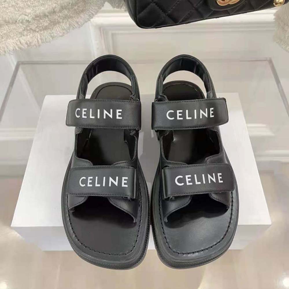 Top angle showing open-toe and slip-on design of Celine sandal