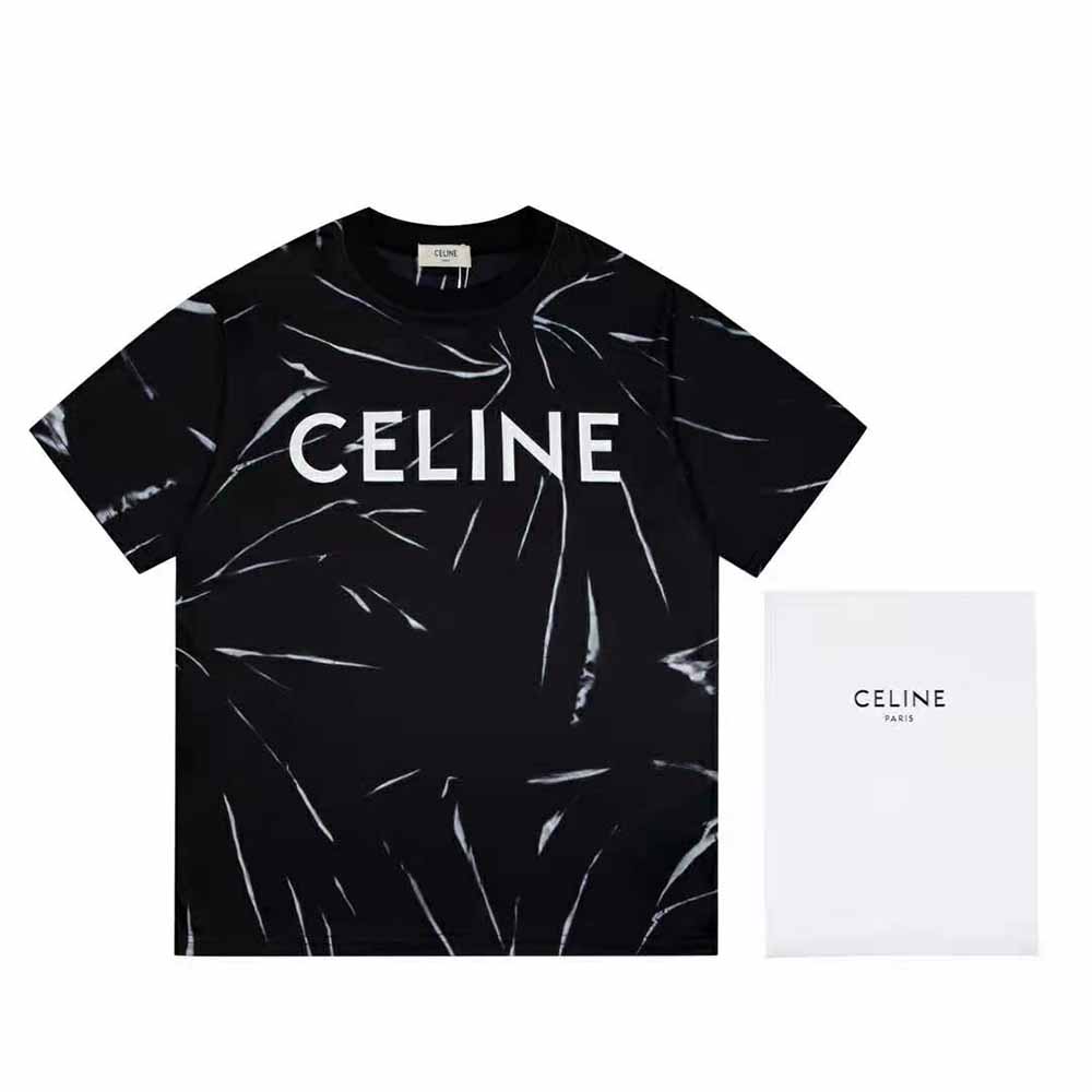 Close-up of fabric texture and Celine logo on cotton jersey T-shirt