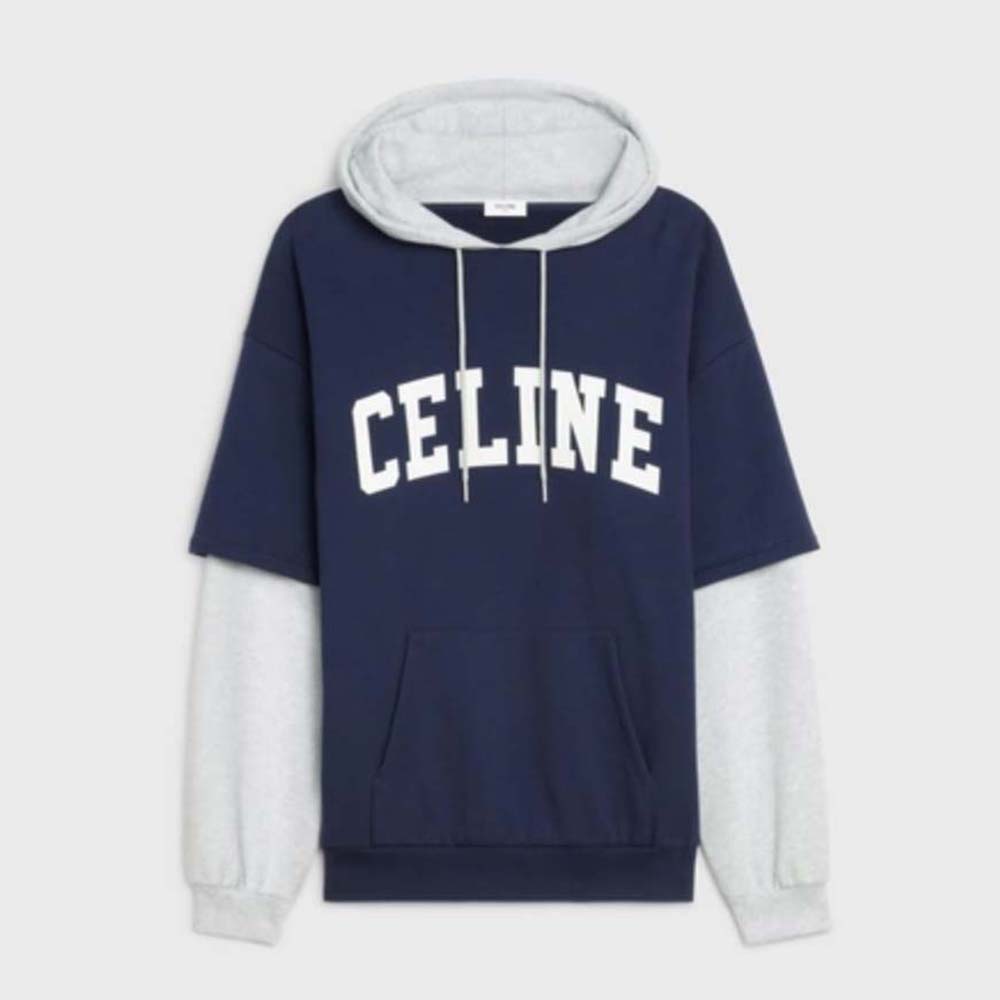 Front view of Celine Women Two-Tone Hoodie in Cotton Fleece-Navy
