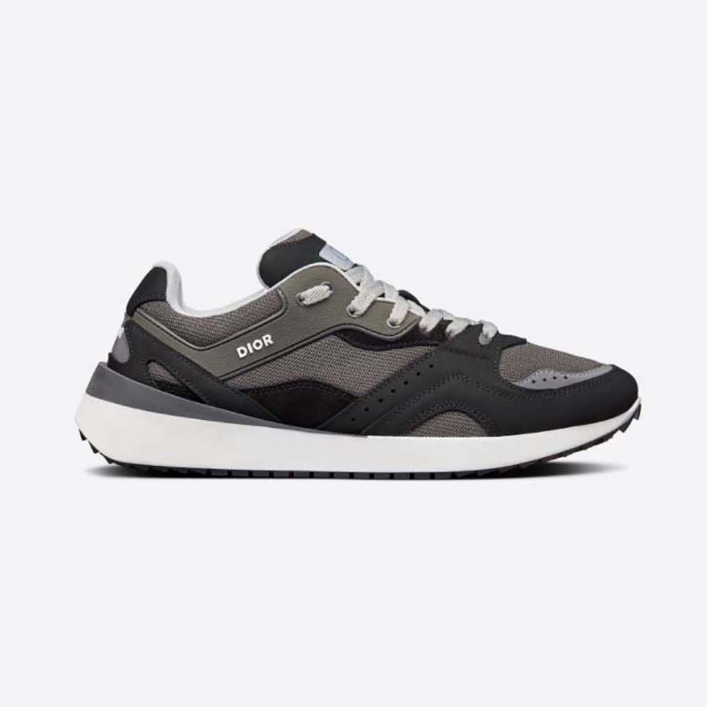 Side profile of Dior Men B29 Sneaker gray mesh and black suede