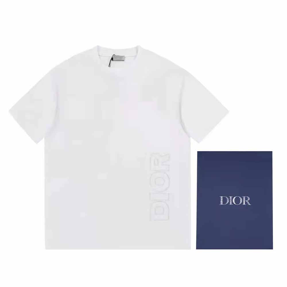 Close-up on Dior signature logo detail of white oversized T-shirt