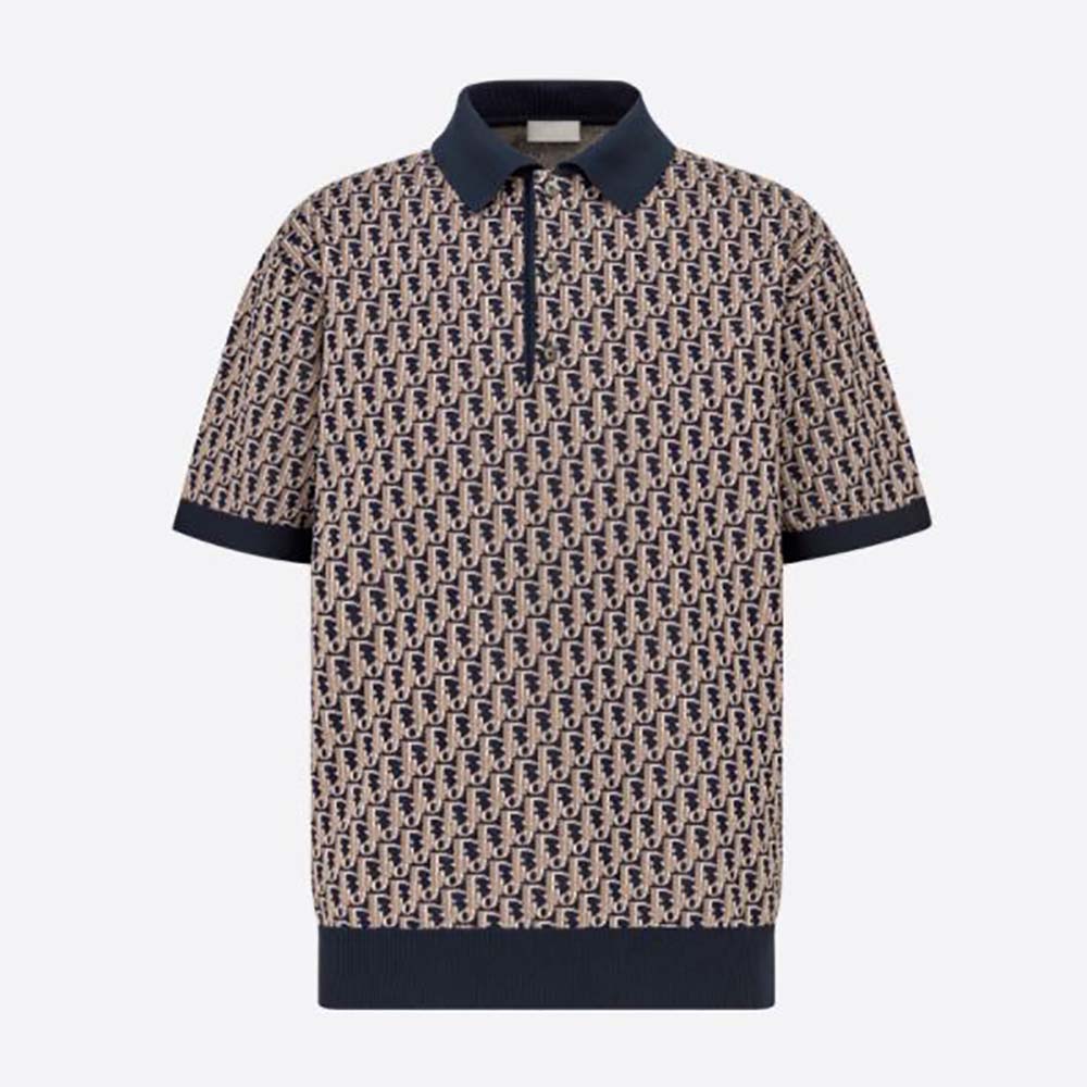 Front view of Dior Men Oblique Polo Shirt Blue Cotton Jacquard