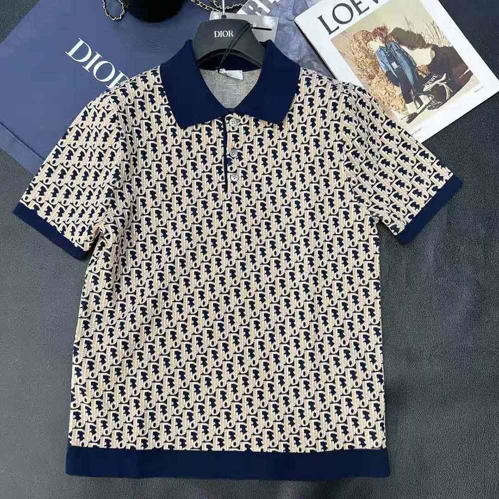 Close-up of Dior Men Oblique Polo Shirt blue jacquard pattern